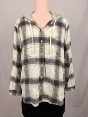 American Eagle Gray & White Plaid Distressed Hooded Shirt Women’s M